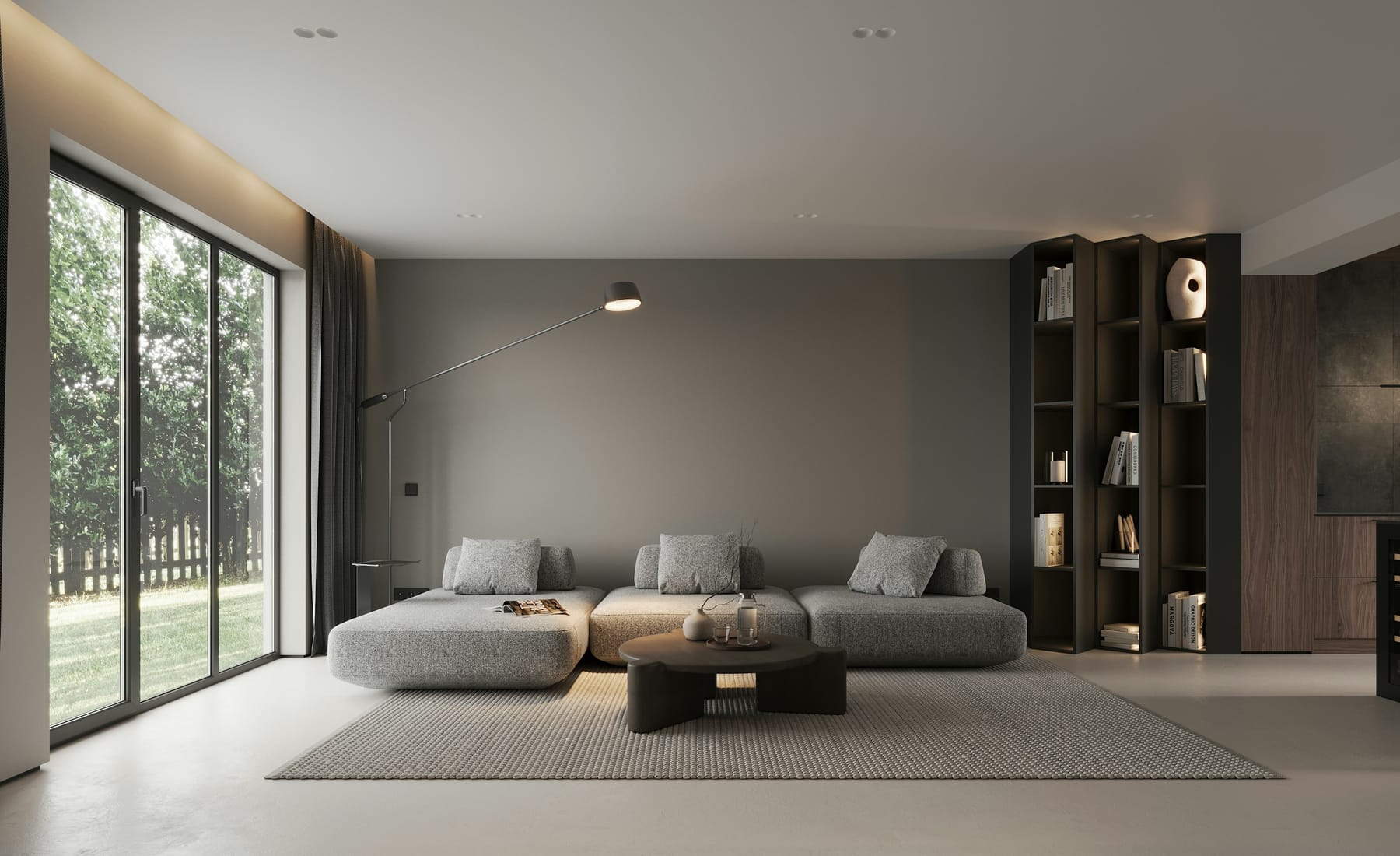Sunlit luxury living room with warm wood, stone and floor-to-ceiling windows