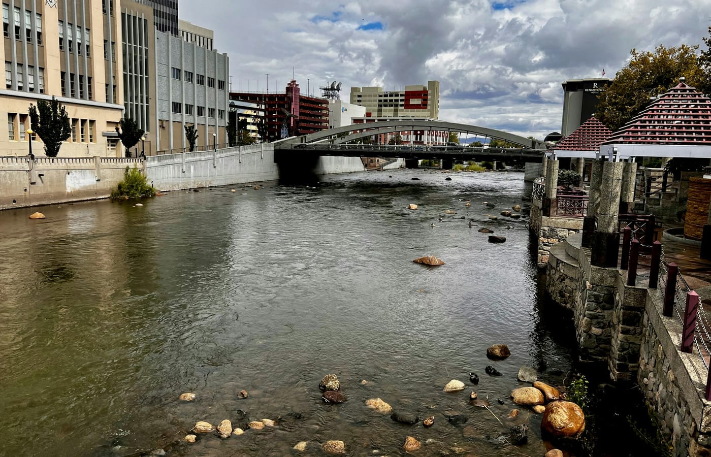 Downtown Reno and the Truckee River corridor in warm evening light